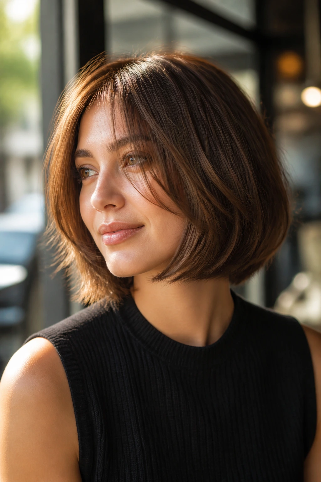 Close-up portrait of a real woman with wispy layered bob in soft, airy hair.