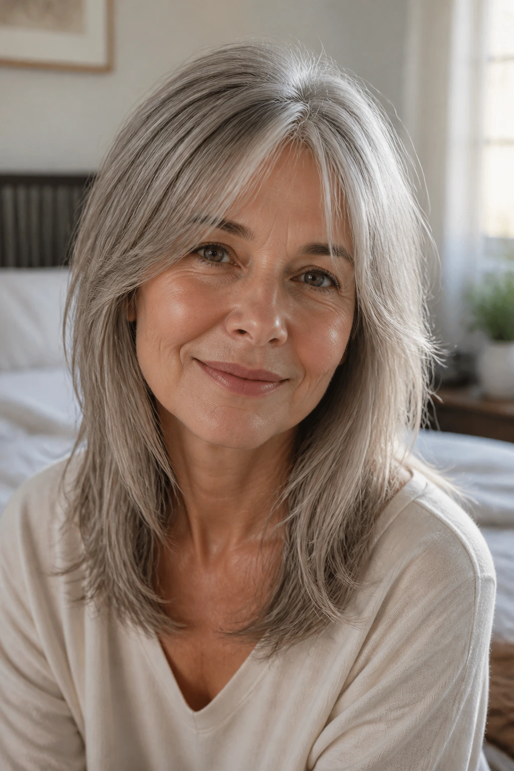Portrait of a real woman with wispy layered straight hair.