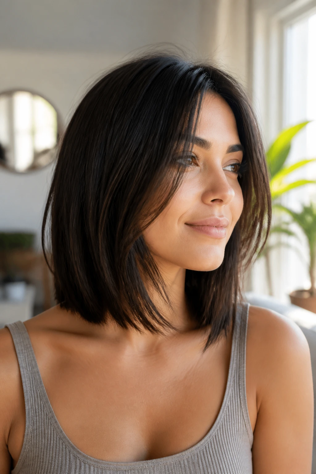 Close-up portrait of a real woman with a wispy lob on thick straight hair in natural light.