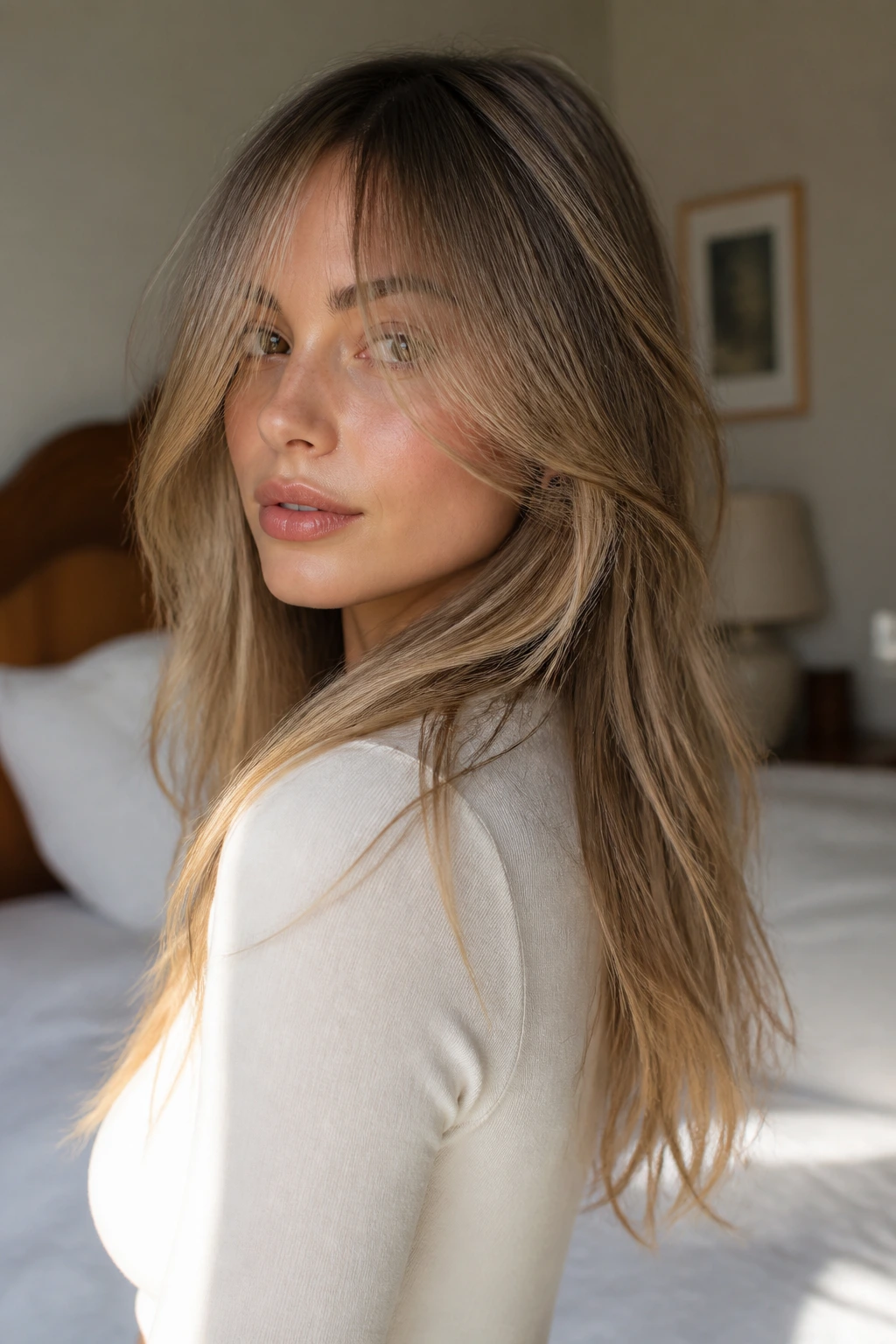 Close-up of a woman with a grow-out friendly long wispy haircut in warm window light