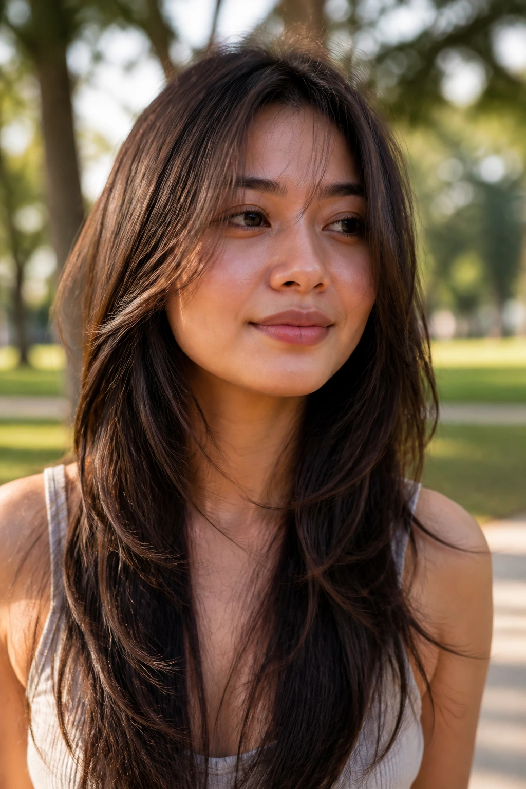 Close-up portrait of a real person with long wispy layers to elongate a round face