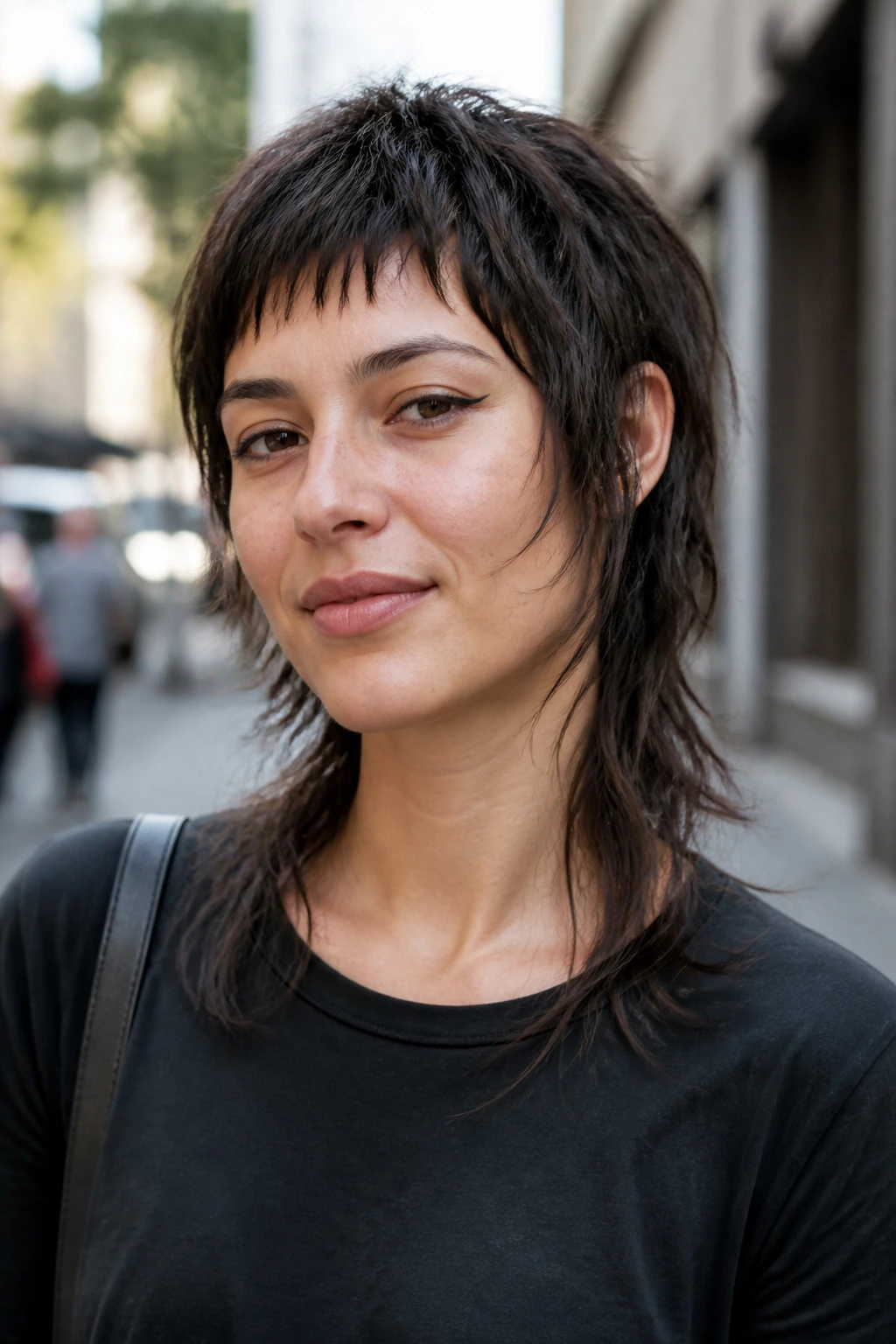 Close-up portrait of a real woman with wispy micro-bangs mullet shag