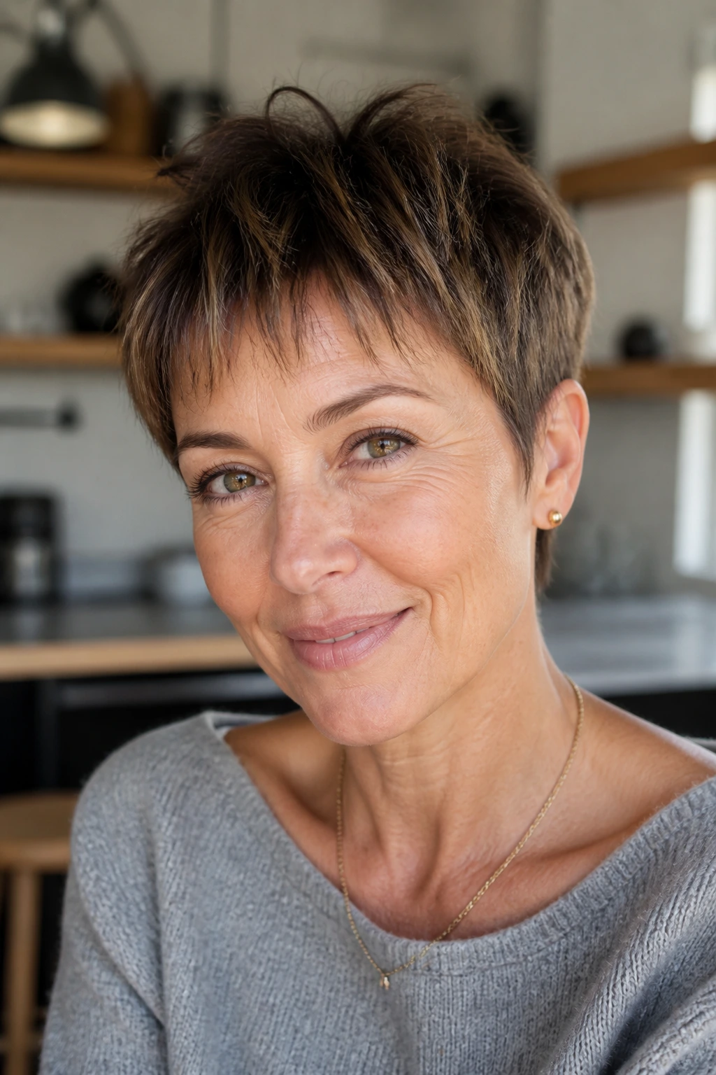 Close-up portrait of a real woman with wispy micro-bang pixie.