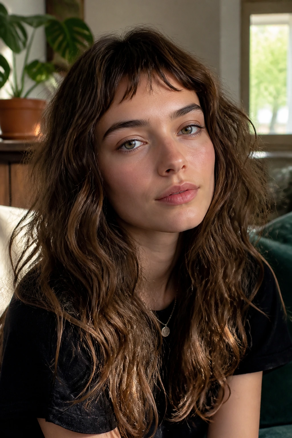 Portrait of a real person with wispy micro fringe and long textured waves