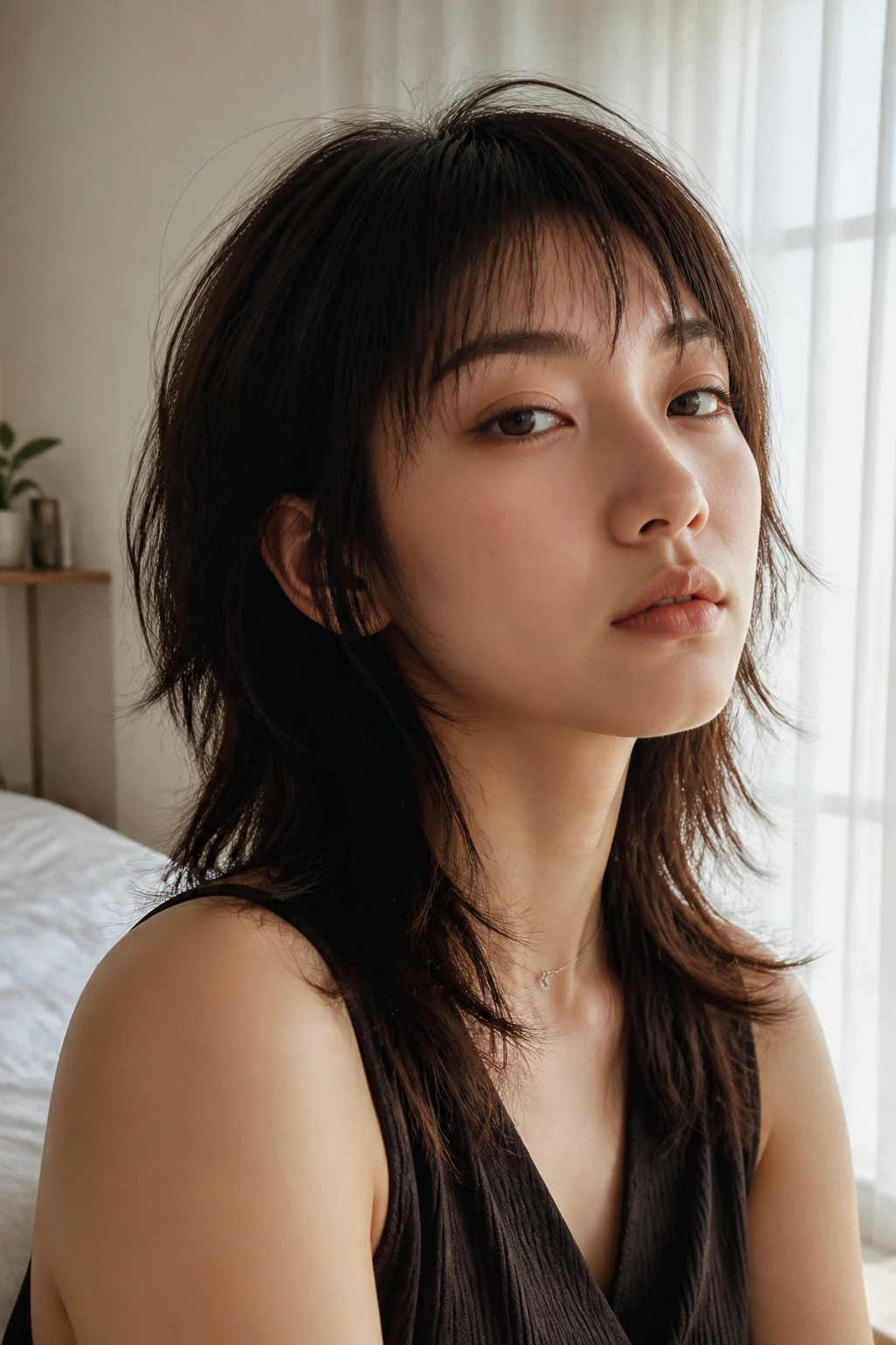Close-up of a real person with Wispy Micro-Fringe Wolf Cut featuring light fringe across forehead with skin showing.