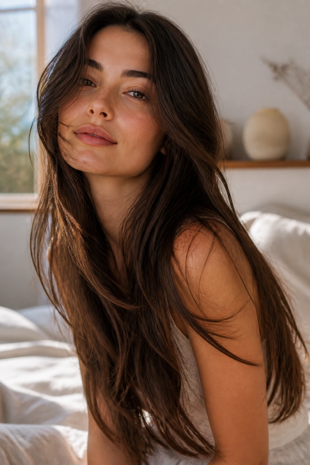 Portrait of a real woman with long wispy hair showing soft movement around the face.