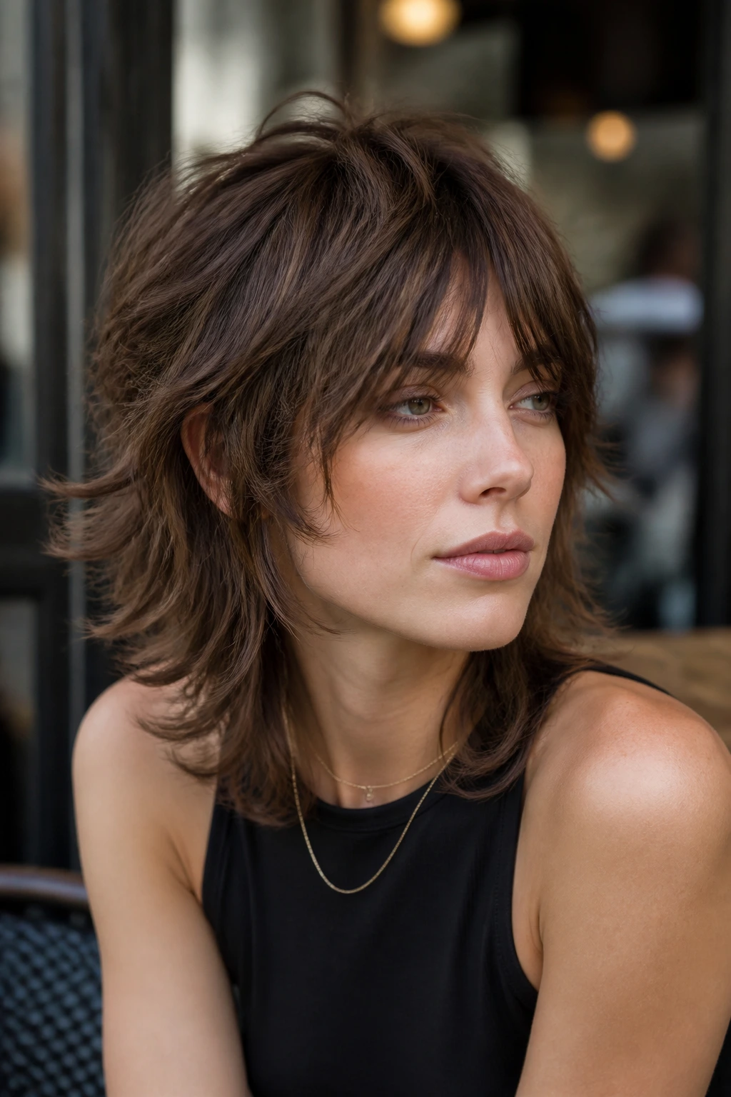 Close-up of a real woman with wispy mullet wolf on fine hair in daylight