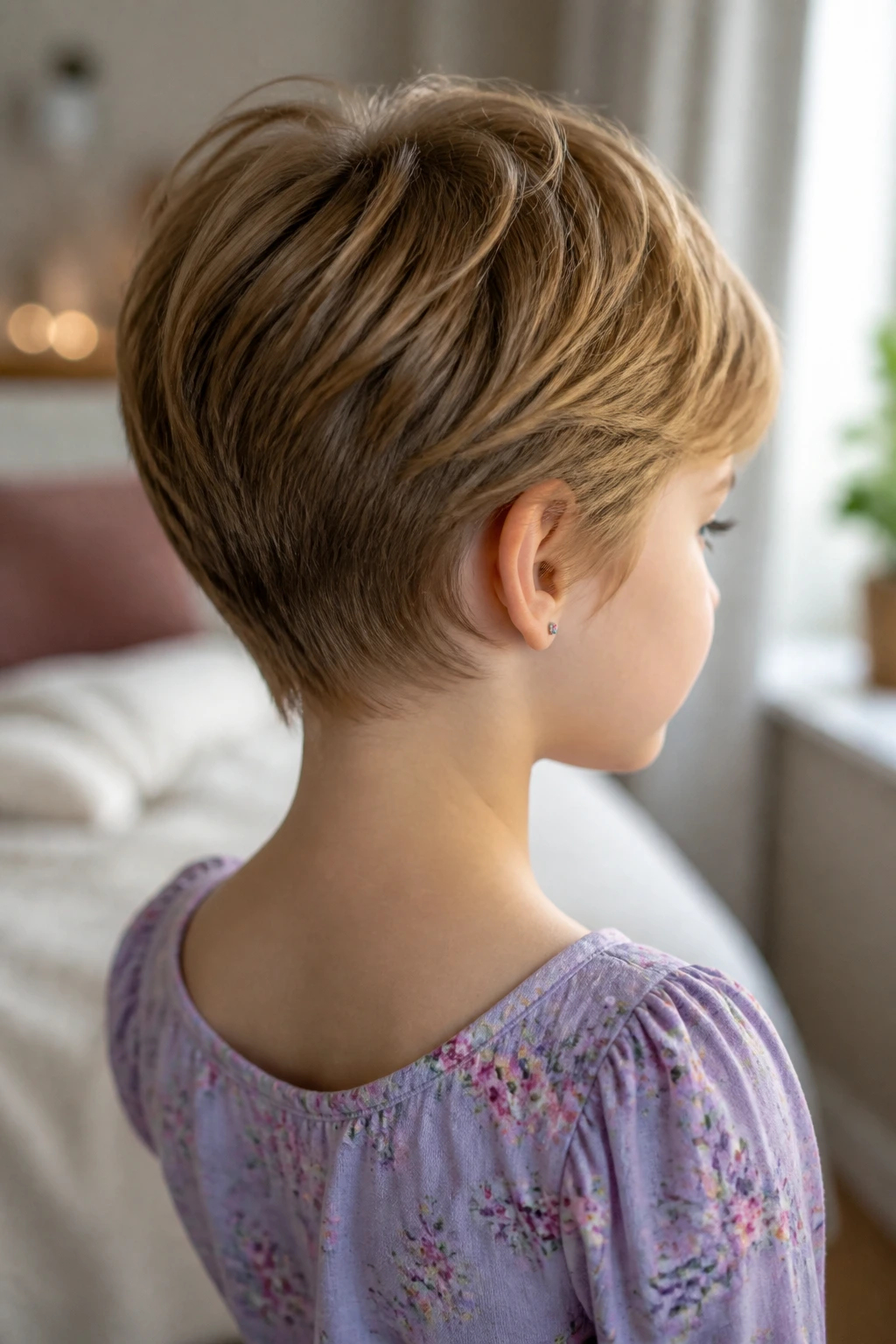 Back view of a child with wispy neckline pixie, neckline blended and soft