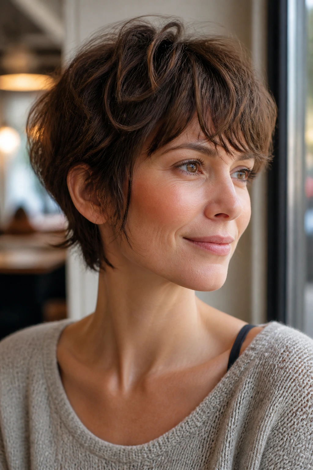 Close-up portrait of a real person with wispy pixie-bob shag under cafe light