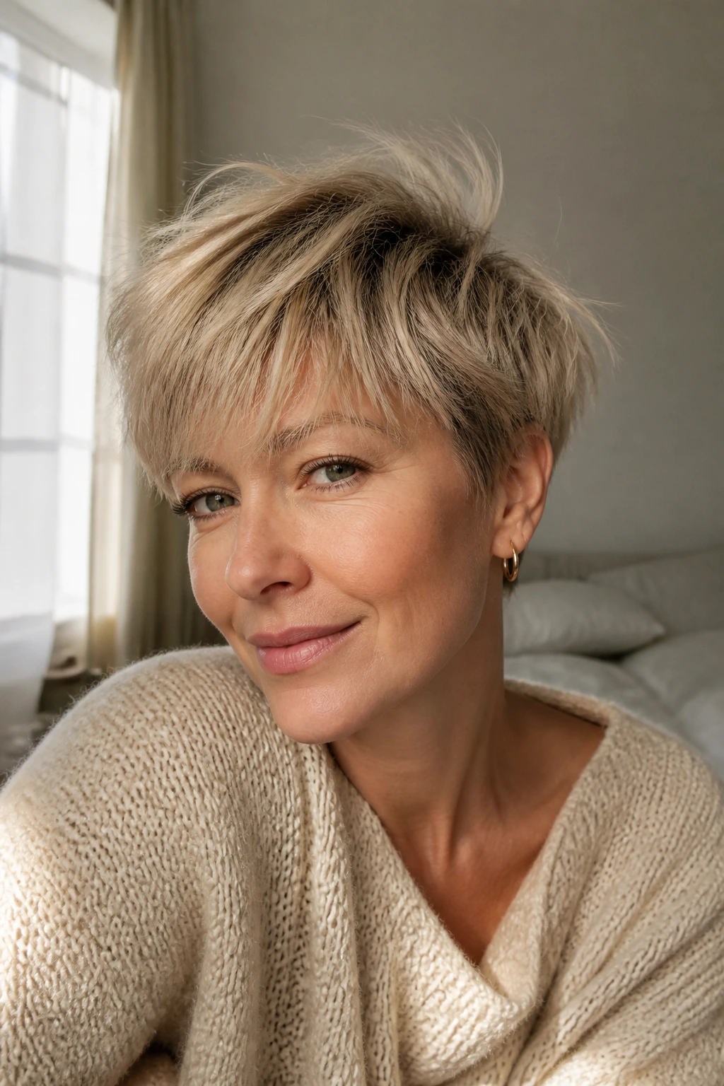 Close-up of a woman with a soft wispy pixie in warm window light