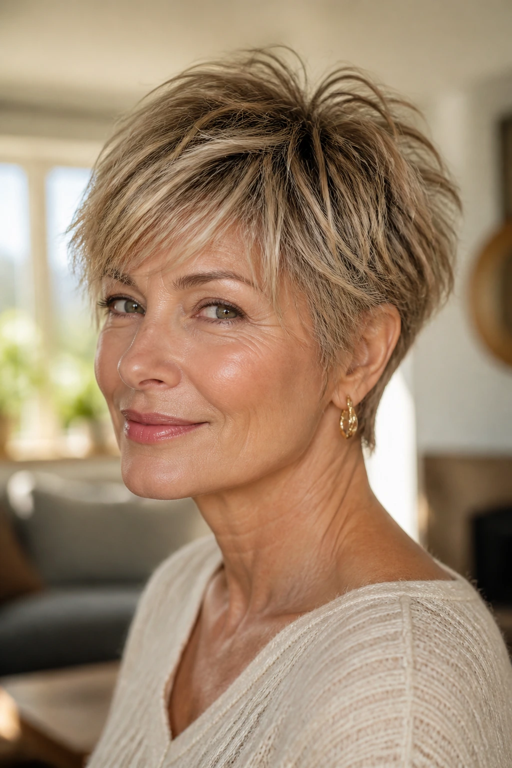 Close-up of real woman with wispy layered pixie haircut, airy layers around forehead