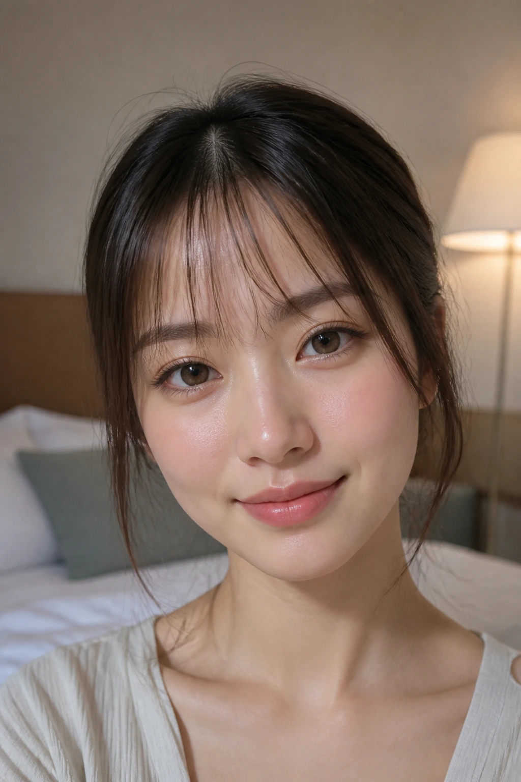 Close-up of wispy see-through fringe on a real person in soft daylight