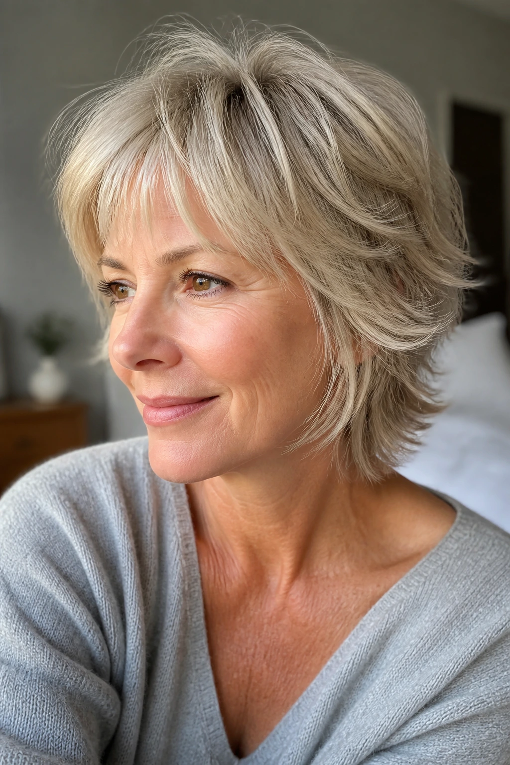 Close-up of a real woman with fine wispy shag showing lift and texture