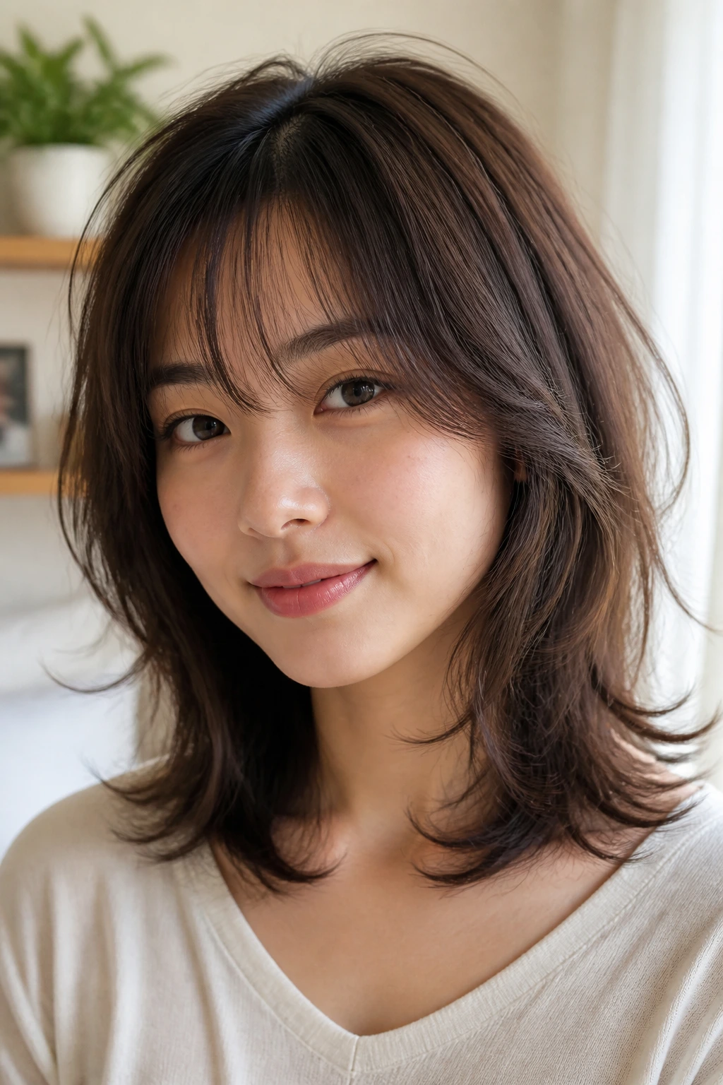 Close-up portrait of a person with wispy shoulder shag and feathered ends