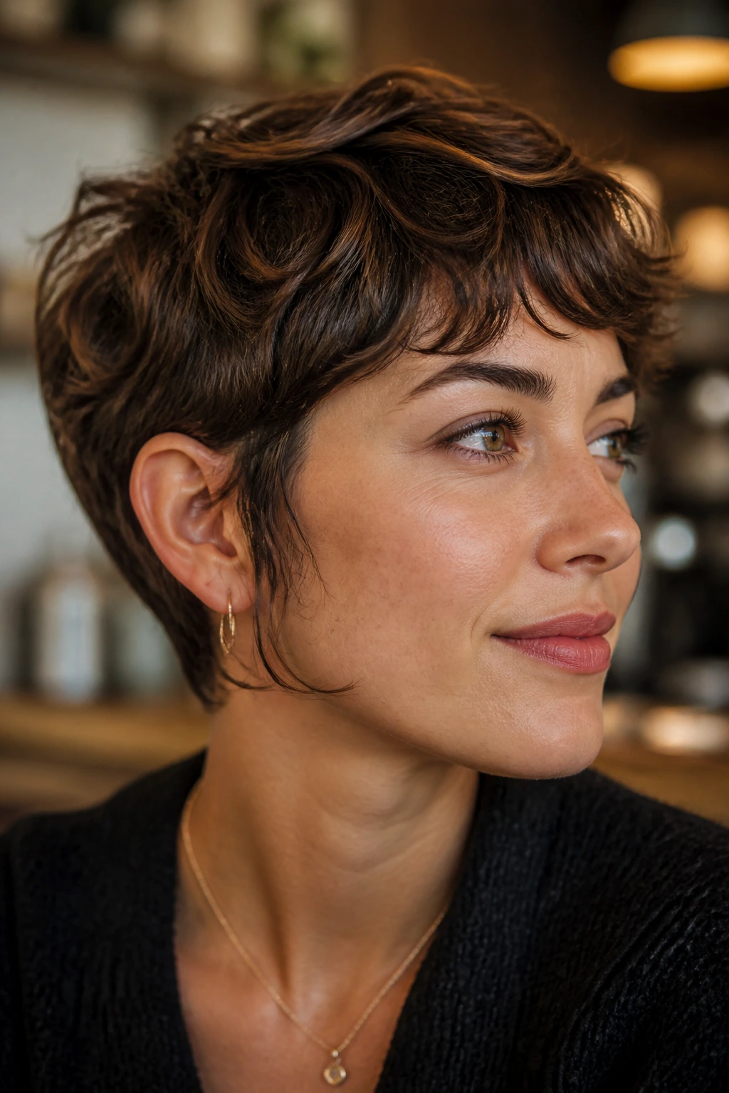 Close-up portrait of a person with wispy sideburn pixie and soft jawline framing.