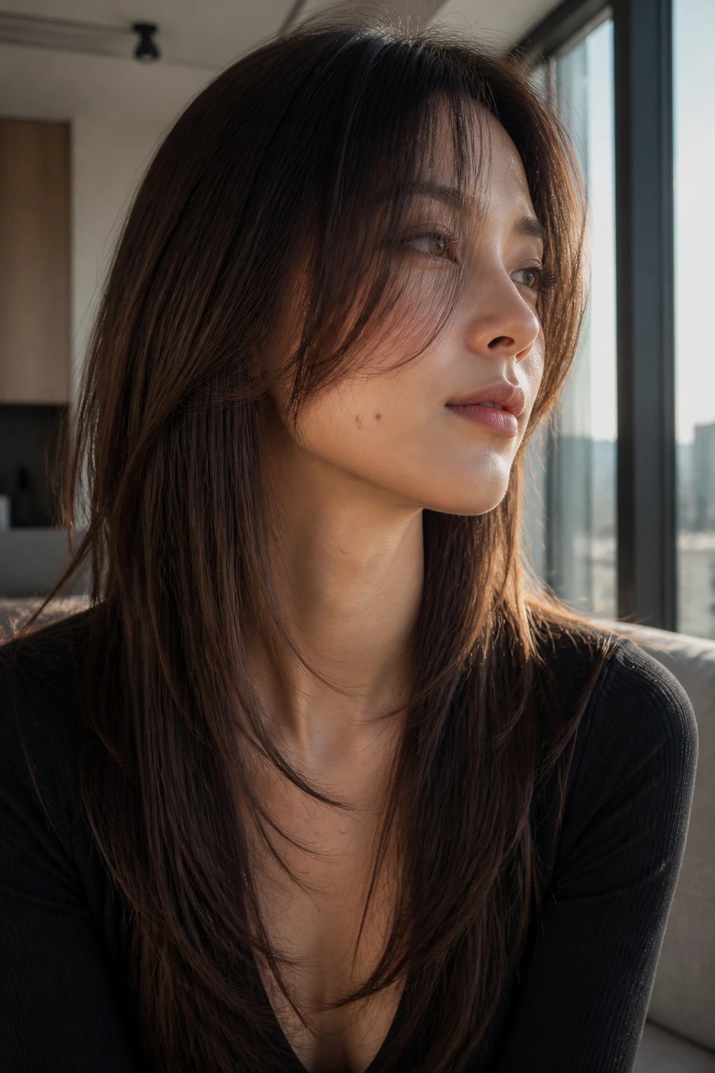 Real person with wispy straight-hair layers in a stylish apartment