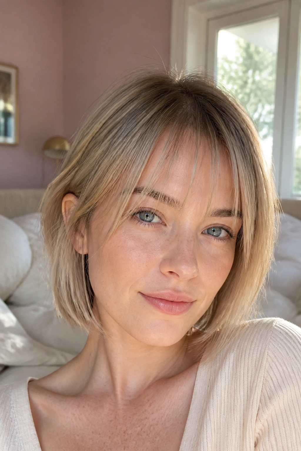 Real person with wispy veil bangs in sunlit bedroom