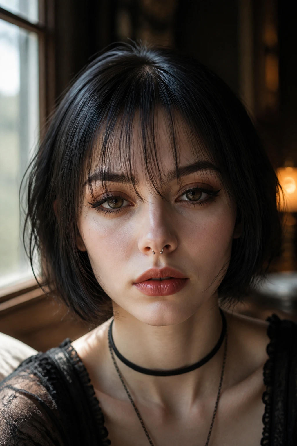 Close-up of a real person with wispy veil fringe on a goth hairstyle