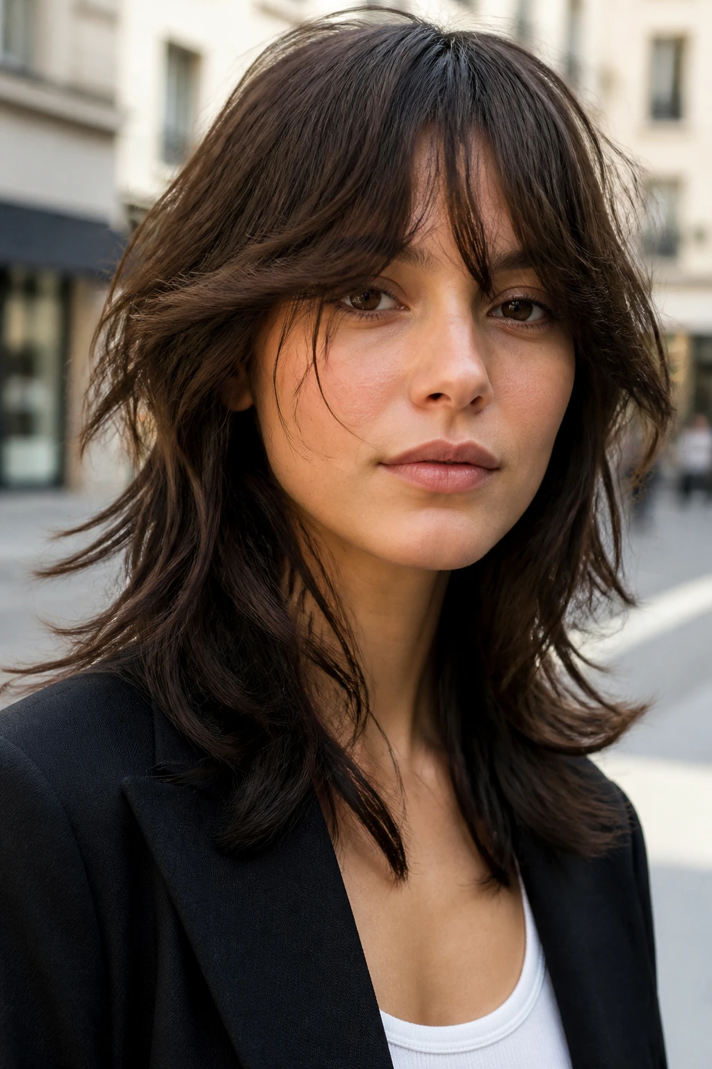 Close-up of woman with wispy wolf cut on street