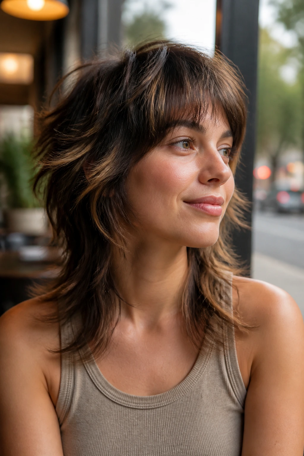 Close-up of real woman with wispy wolf-shag mullet in outdoor cafe lighting