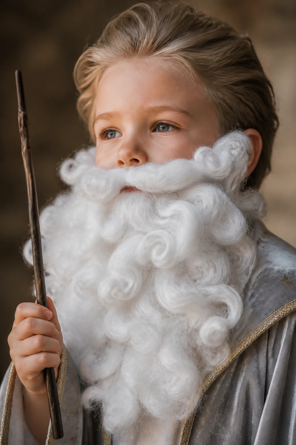 Child wearing a fluffy white wizard beard
