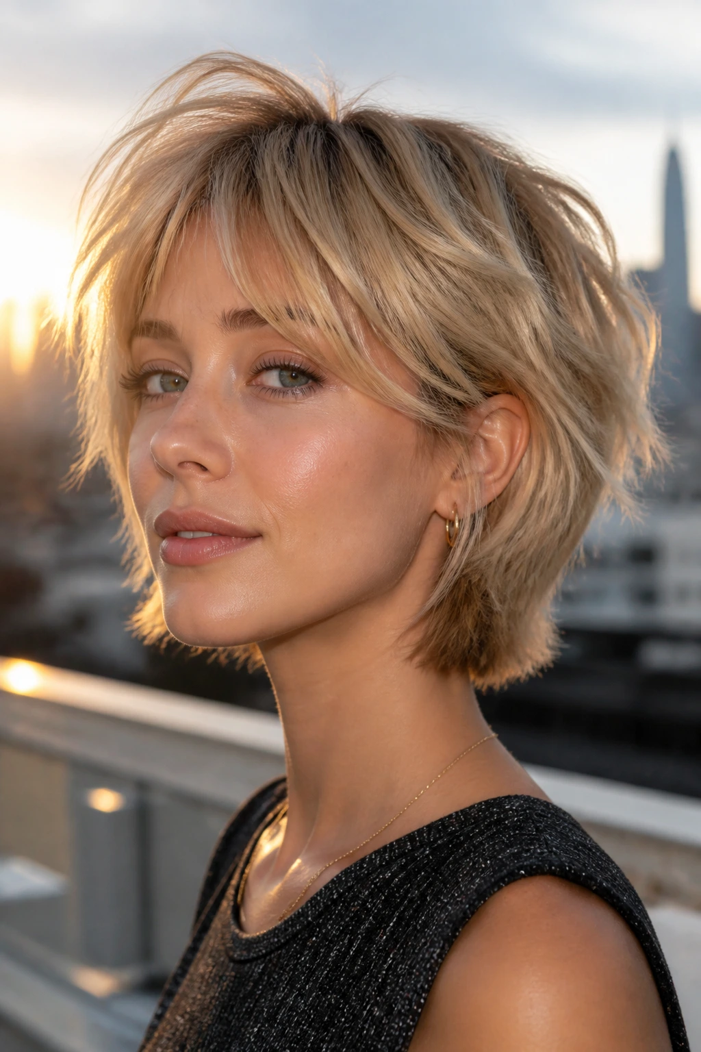 Close-up of Short Wolf Bob in Blonde with dimensional layers