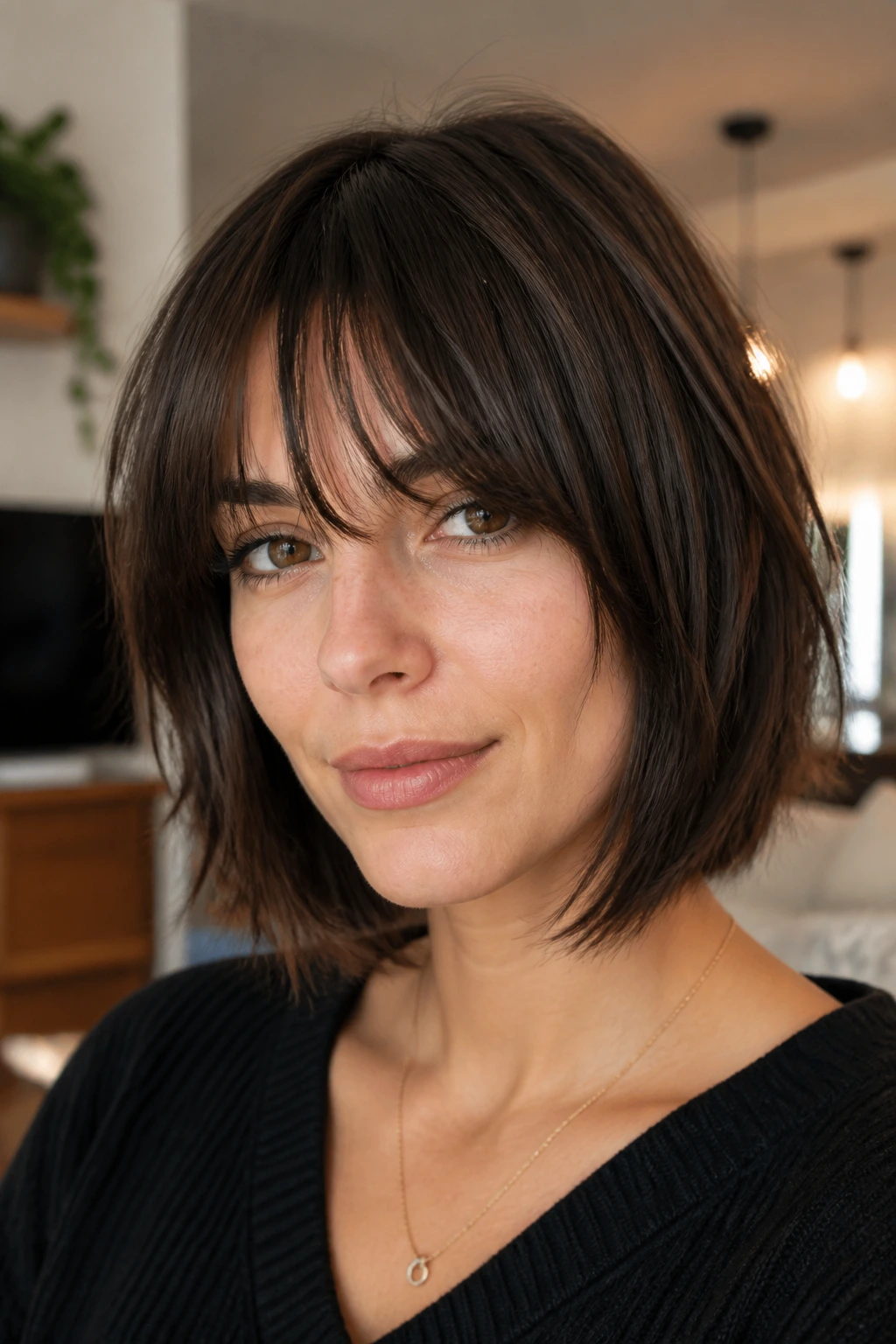 Close-up portrait of a woman with soft wolf bob and bottleneck fringe in a cozy living room