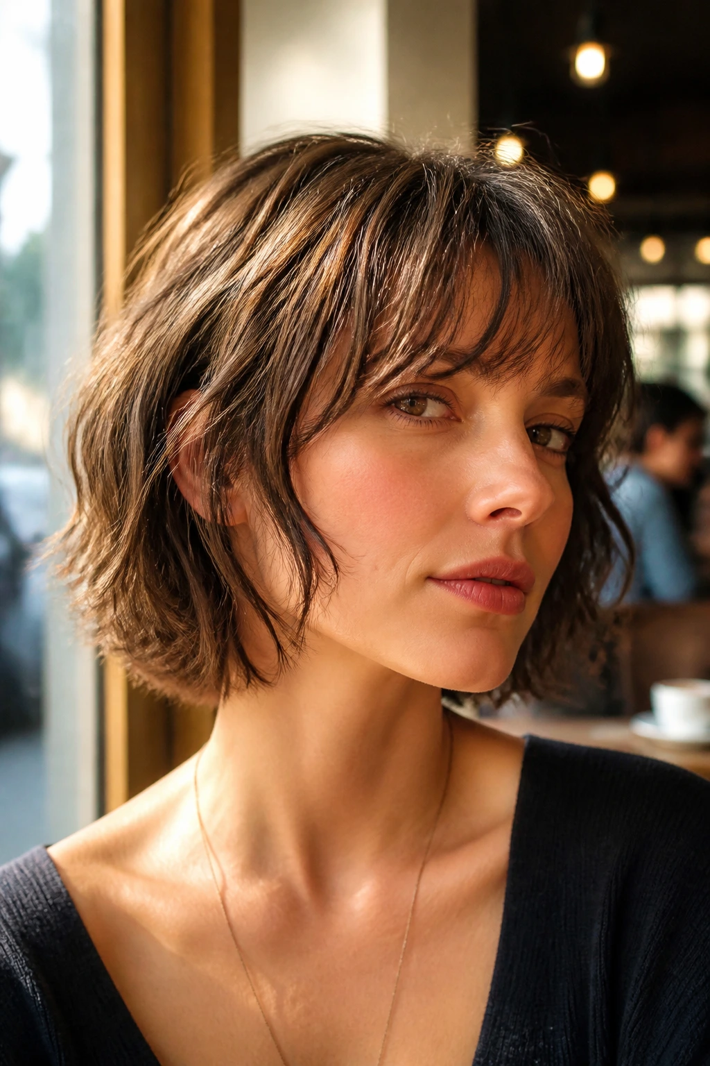 Portrait of a real person with shaggy French girl wolf bob fringe in a sunlit cafe