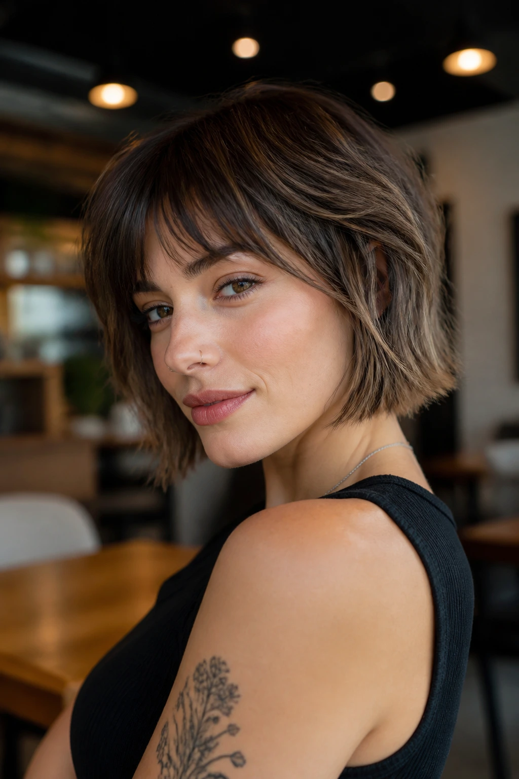 Portrait of a real person with a half-femme half-fierce wolf bob showing smooth exterior and textured interior