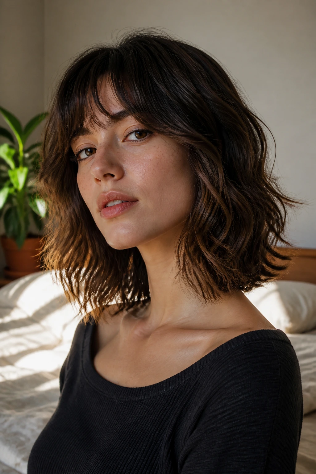 Close-up portrait of a real person with a wavy collarbone-length wolf bob in a sunlit bedroom