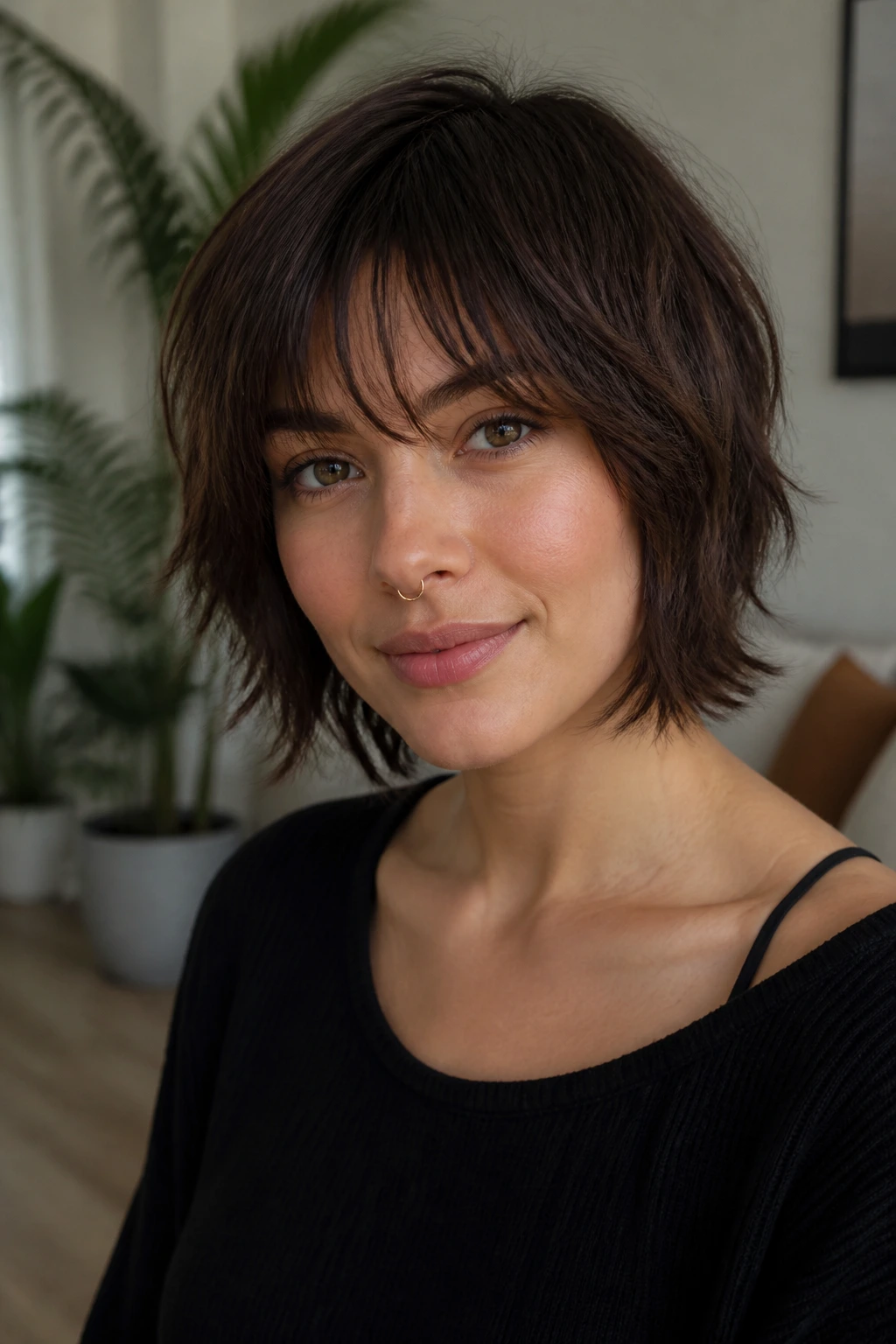 Close-up portrait of a real woman with a soft wolf bob and wispy fringe