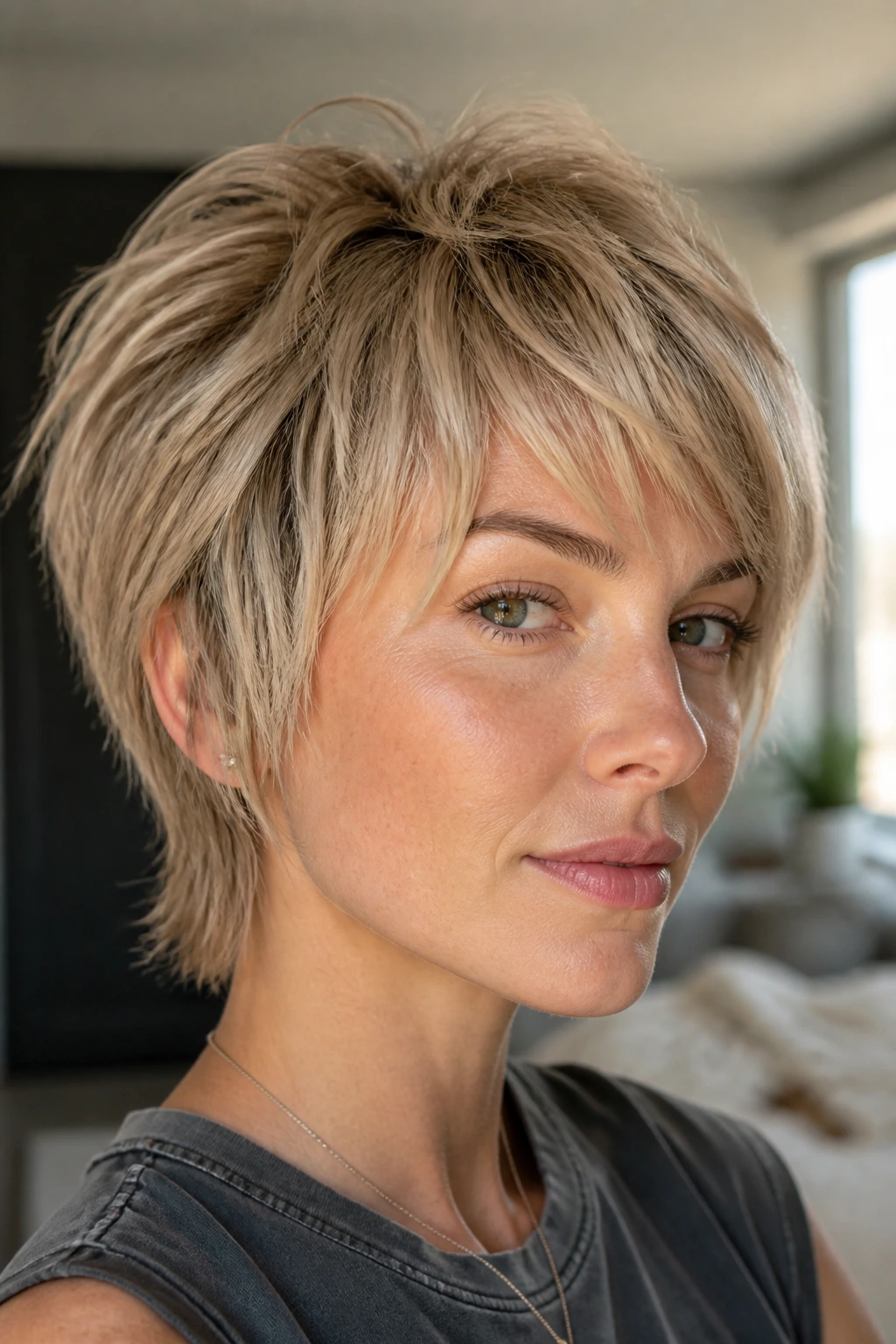 Close-up portrait of a real woman with a soft wolf crop and airy crown lift, natural window light