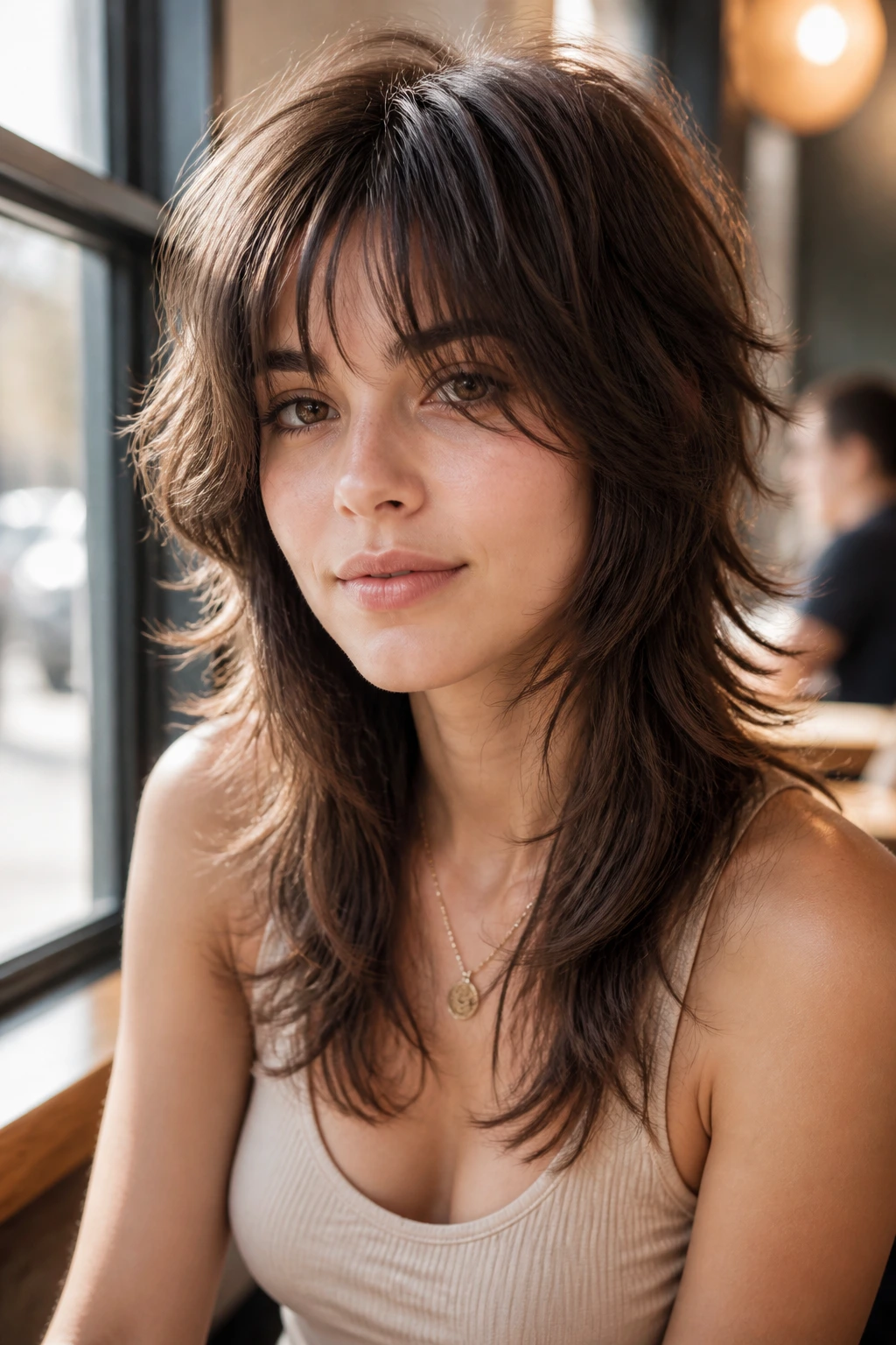 Close-up of a real woman with an airy crown wolf cut in warm cafe light