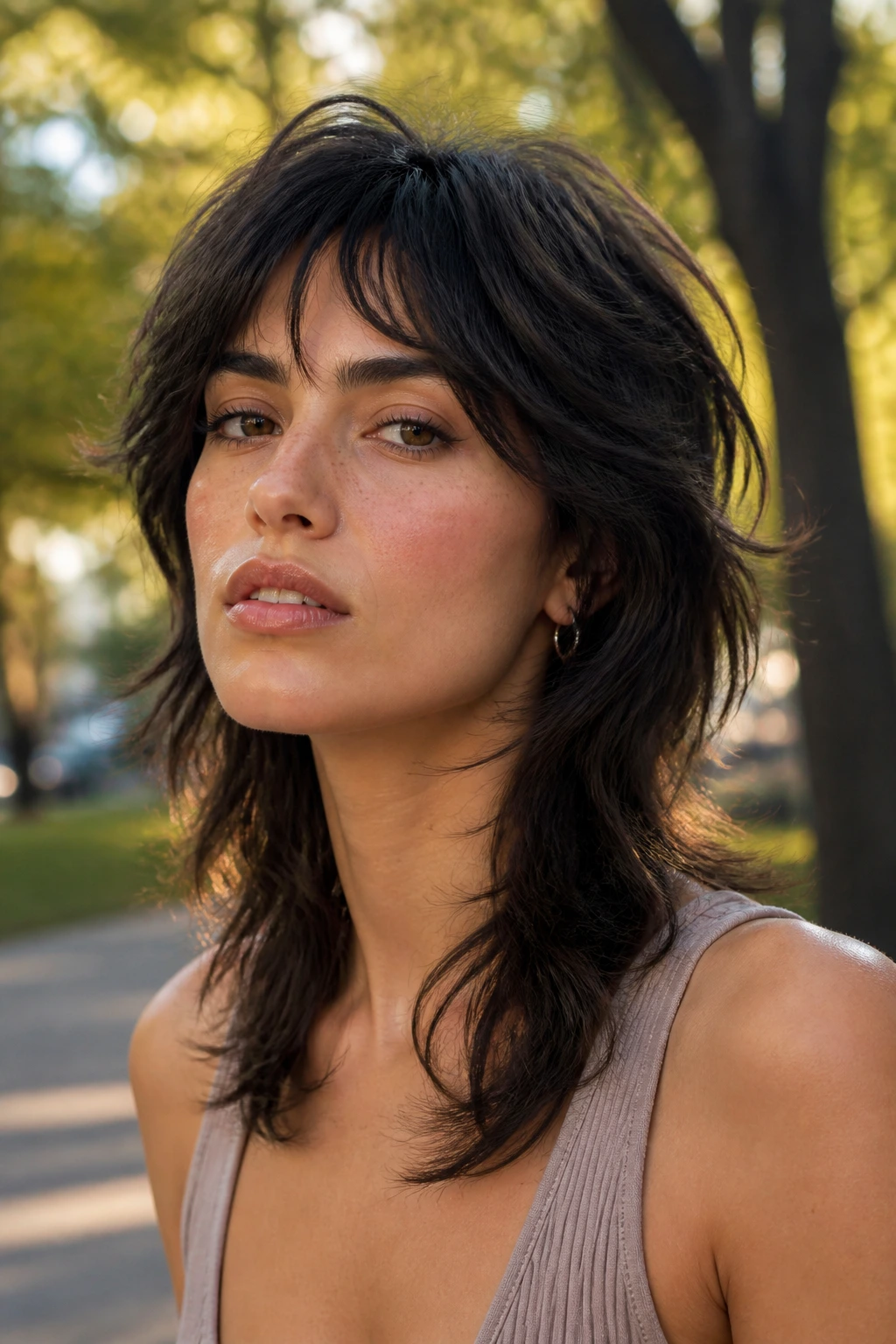 Close-up of a real woman with a wolf cut and airy layers