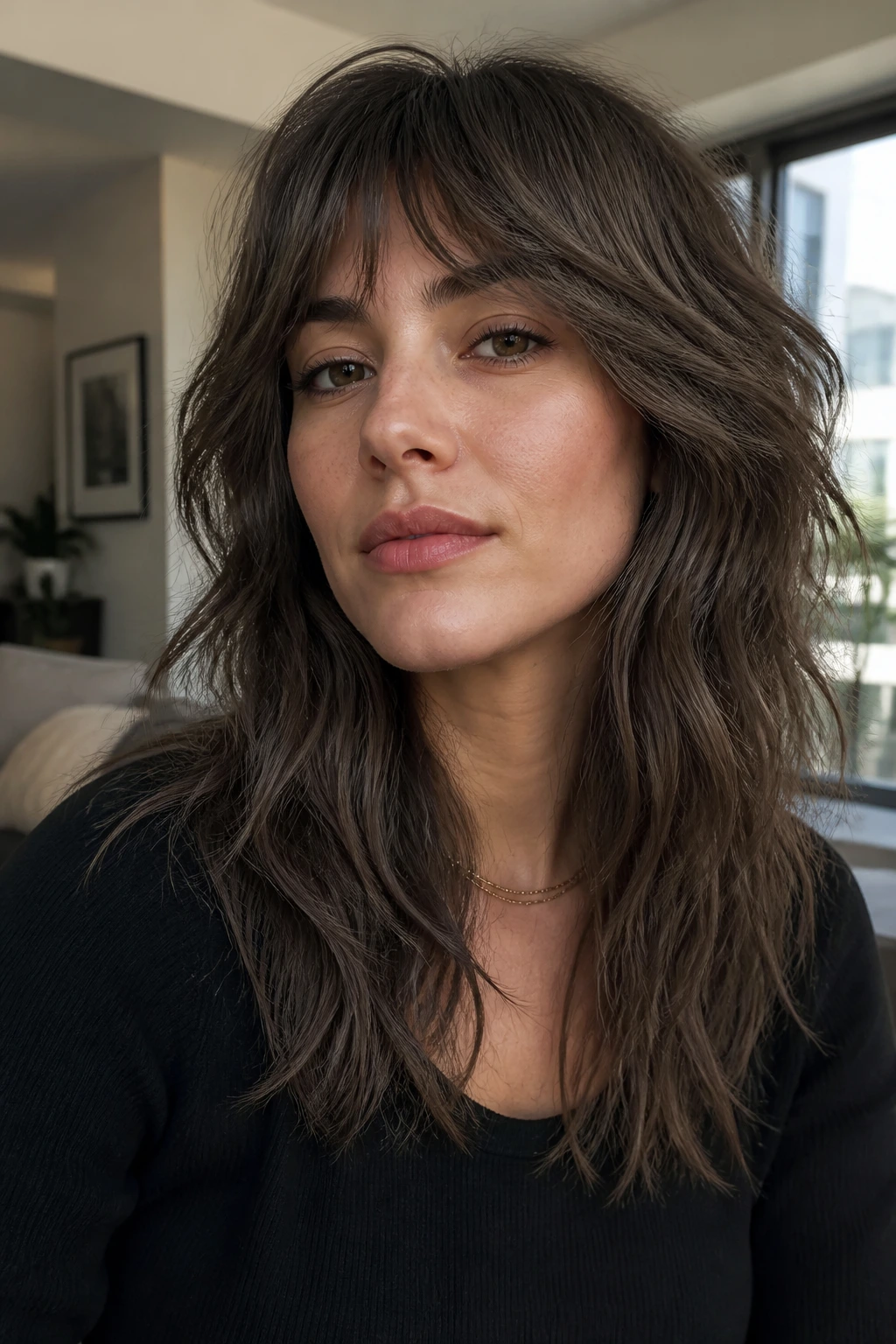 Portrait of a real person with ash brunette wolf cut and cool-toned waves.
