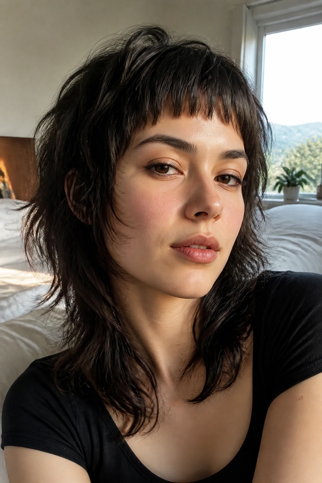 Close-up of a real woman with baby bangs and soft layers in daylighted bedroom