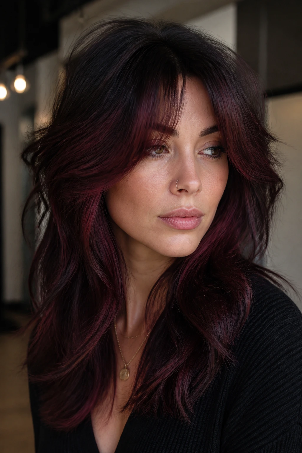 Portrait of a real person with black cherry wolf cut and dimensional balayage.