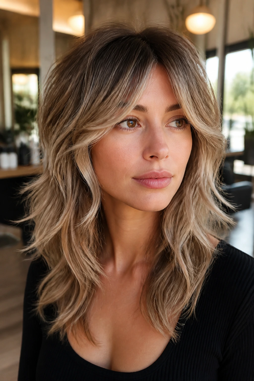 Close-up portrait of a real woman with wolf cut balayage featuring soft dimensional color