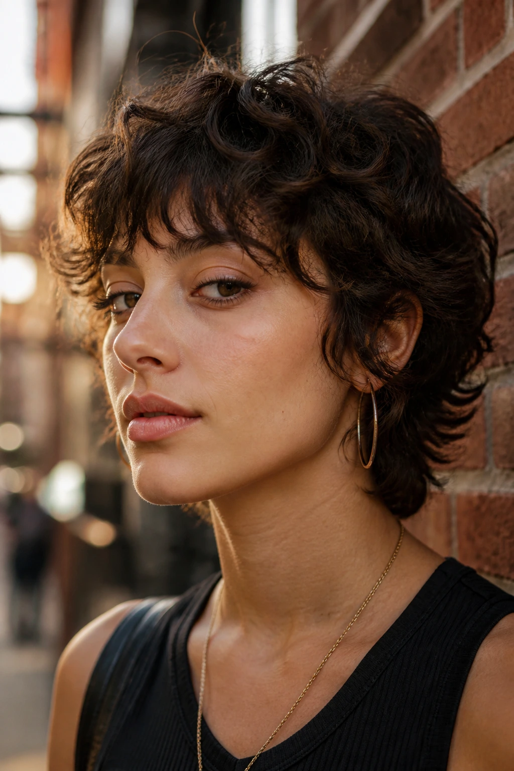 Real person with short wolf cut and longer bangs in urban light.