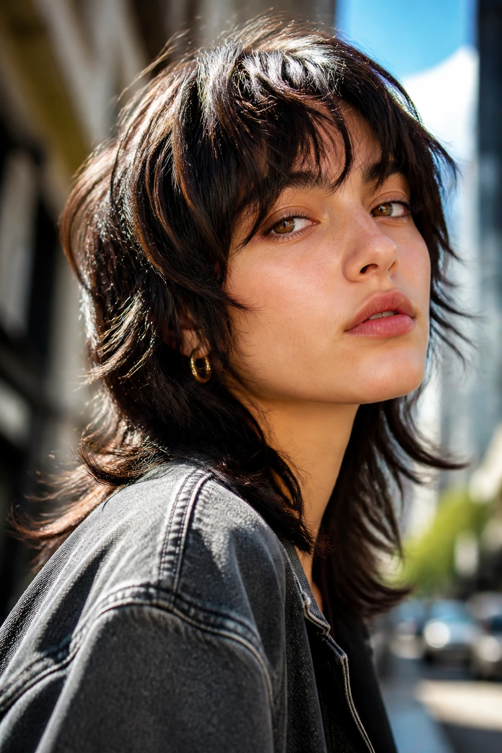 Portrait of a person with wolf-cut bangs showing textured layered fringe.