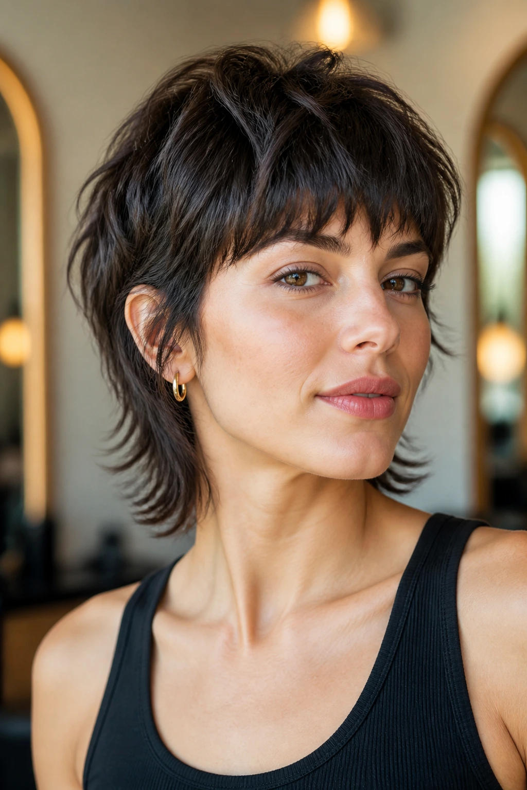 Portrait of a real person with a short wolf cut and bangs in a salon-like setting