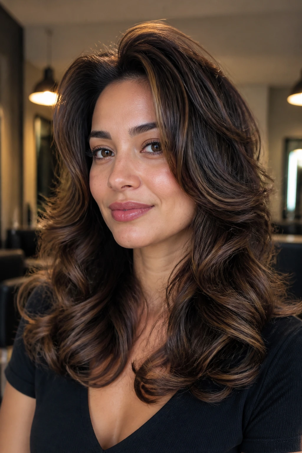 Close-up of a real woman with a voluminous big-wave wolf cut showing crown lift