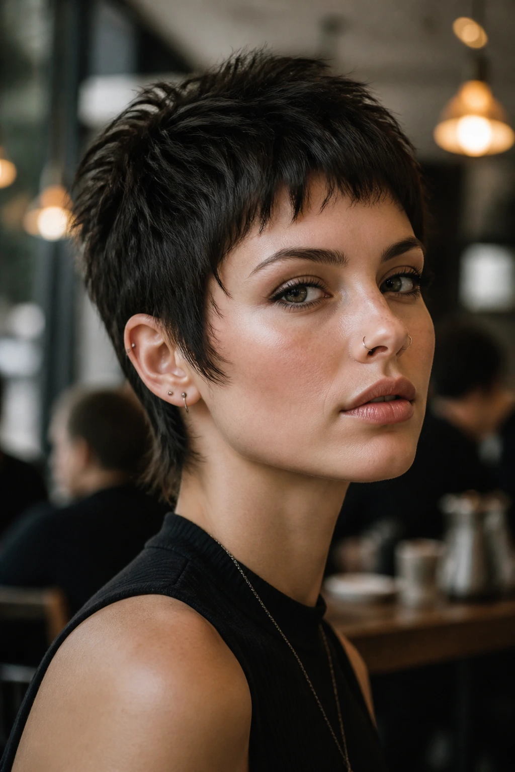 Real woman with a bold, bitey short wolf cut in an urban cafe setting.