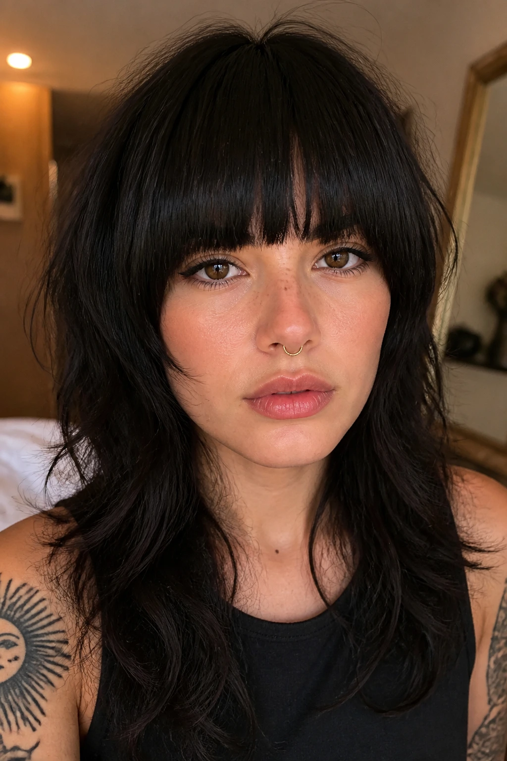 Close-up of a real woman with blunt bangs and a wolf cut in warm indoor light