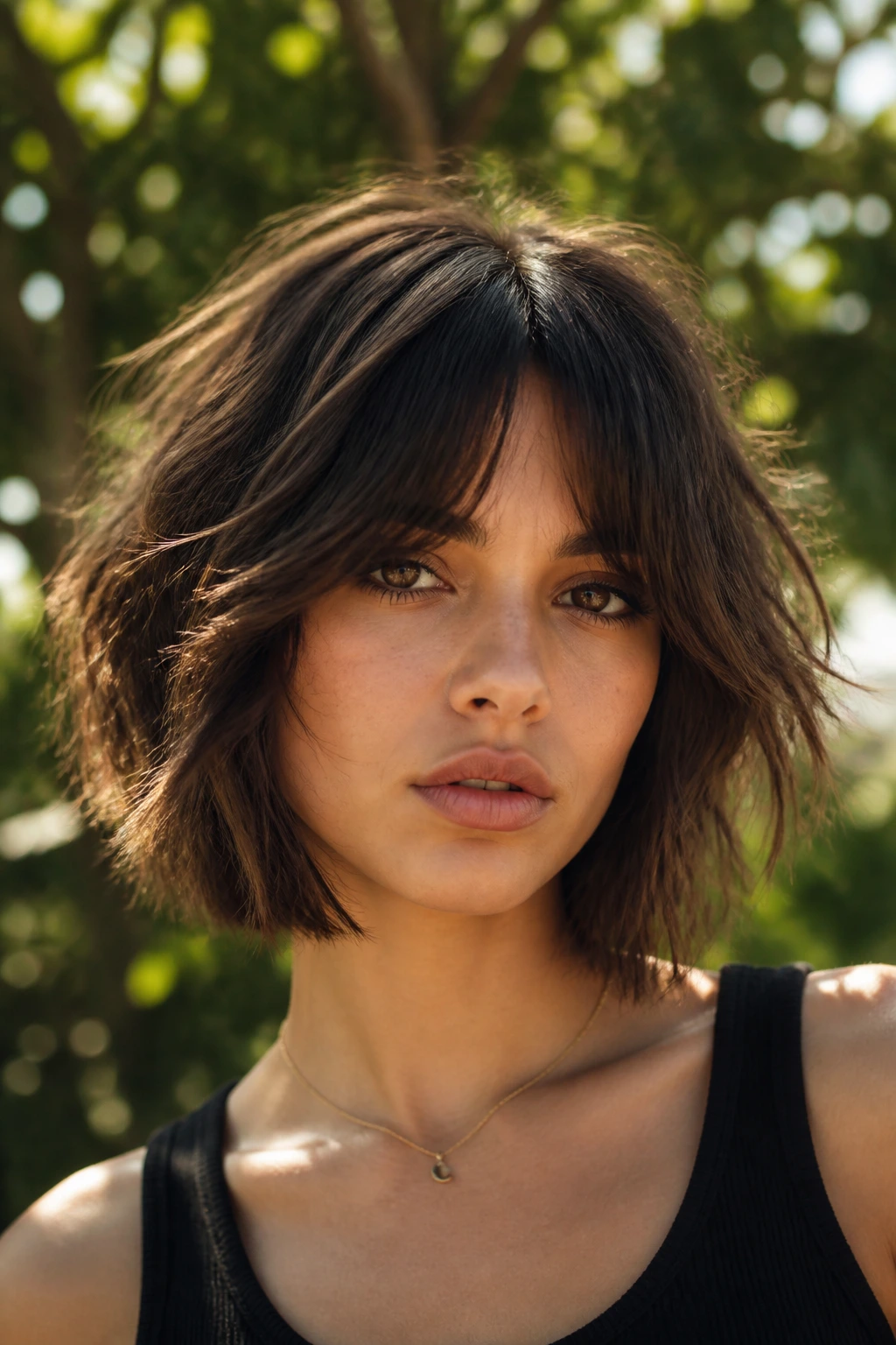 Portrait of a person with a wolf cut bob and curtain bangs in natural light.