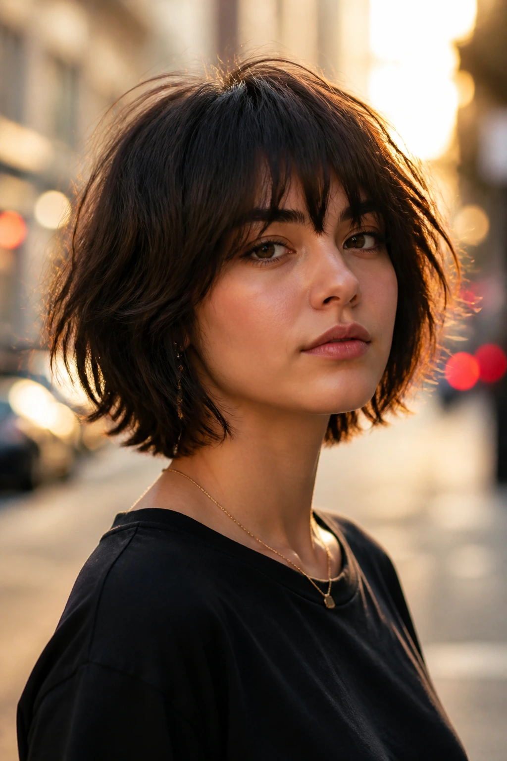 Portrait of a real person with a Wolf Cut Bob under golden hour light