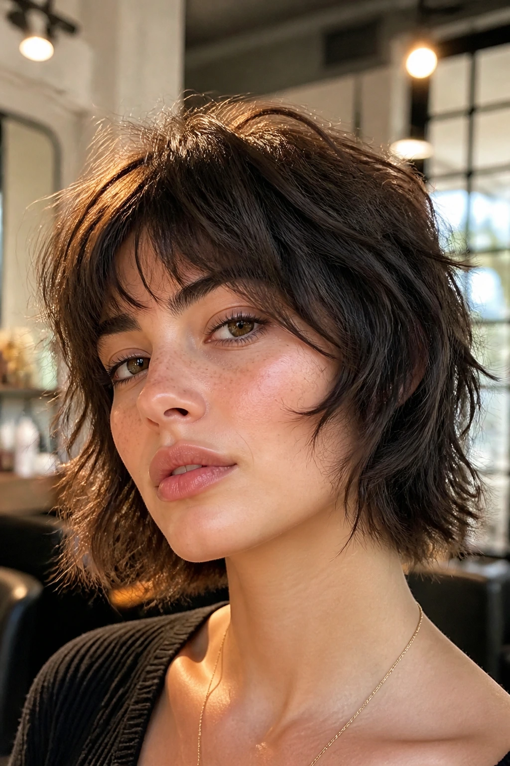 Close-up portrait of a real person with a textured wolf cut bob hairstyle