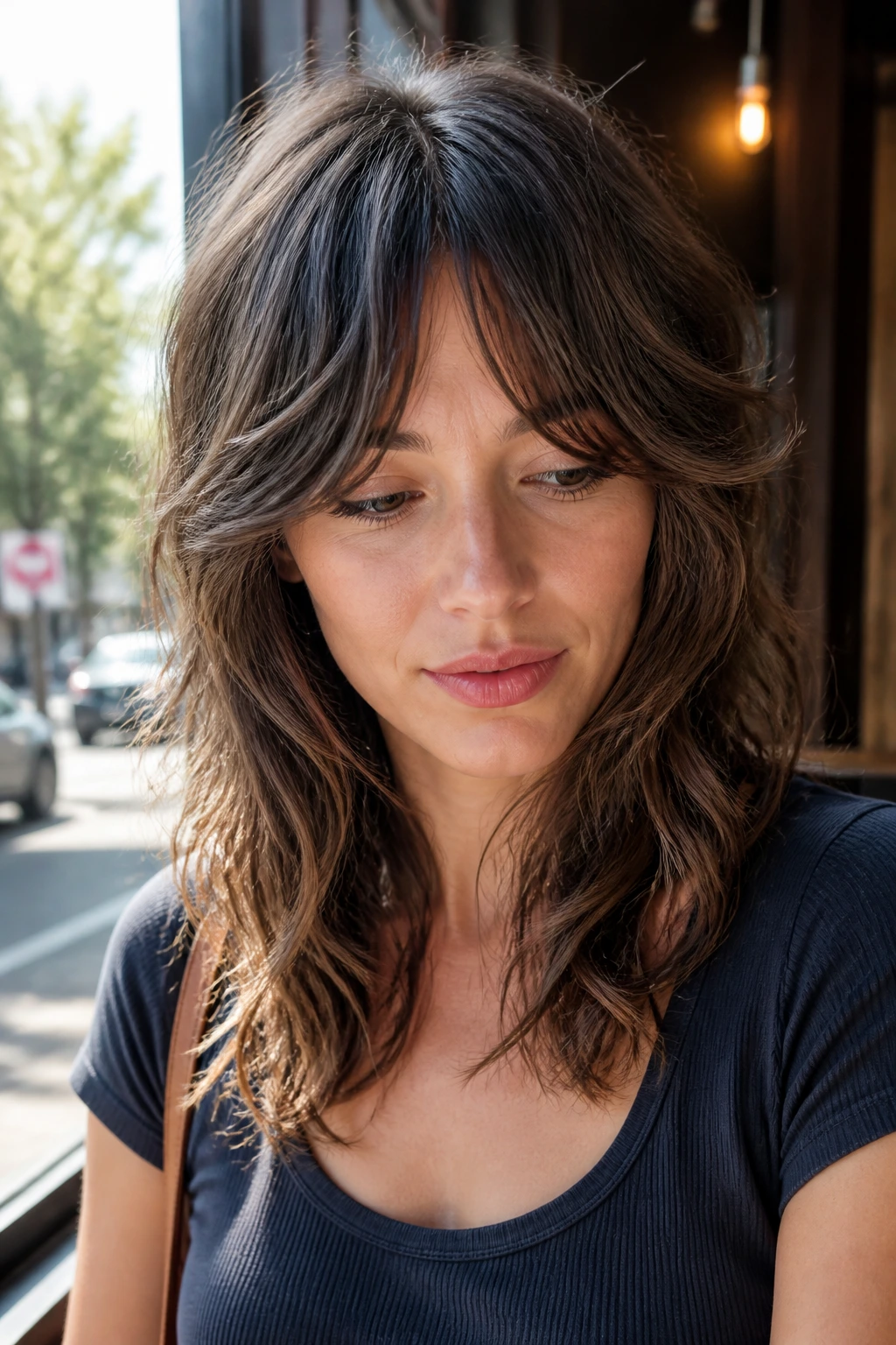 Close-up portrait of a real woman with bottleneck bangs wolf cut.