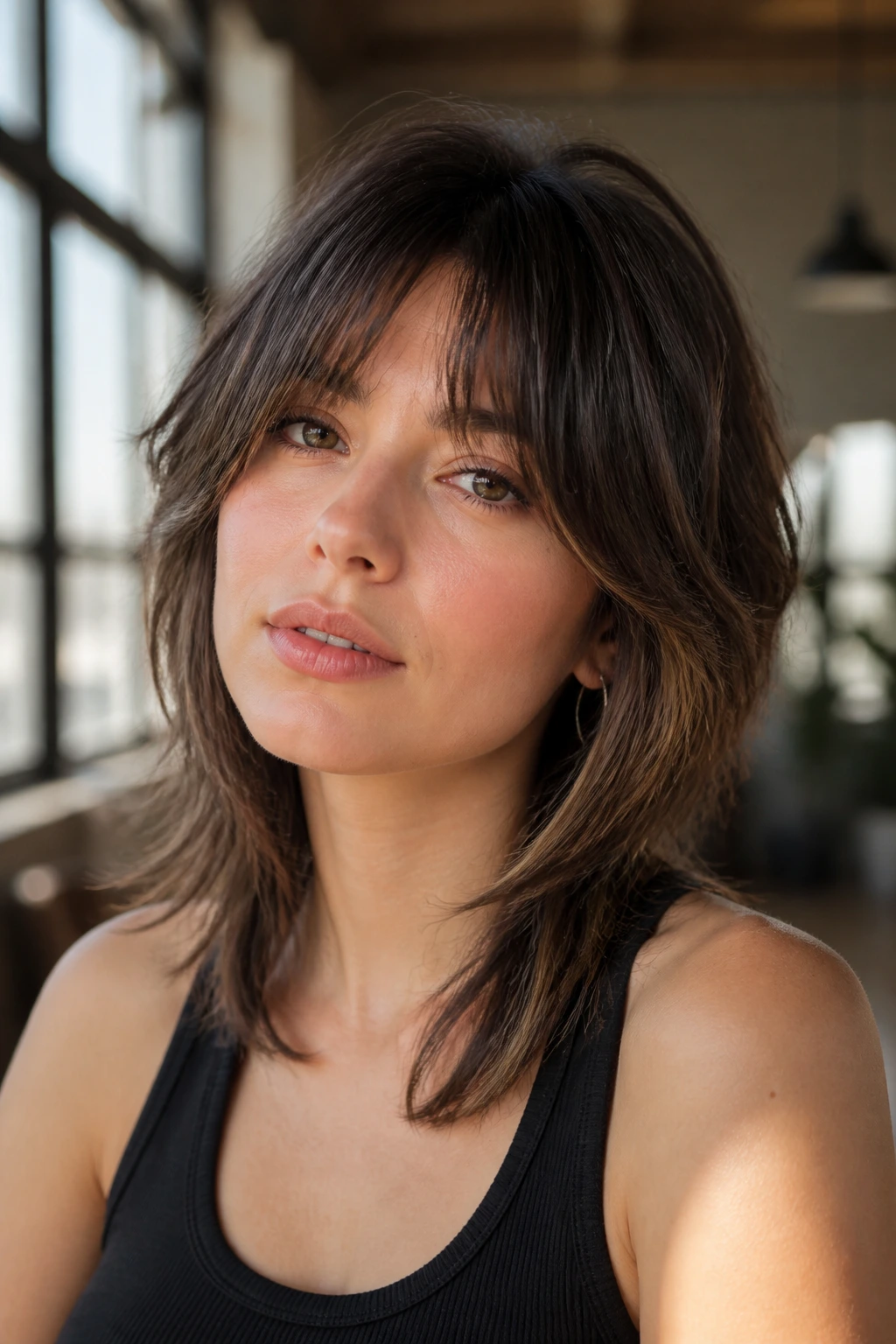 Close-up portrait of a real person with bottleneck bangs on a round face in a sunlit loft