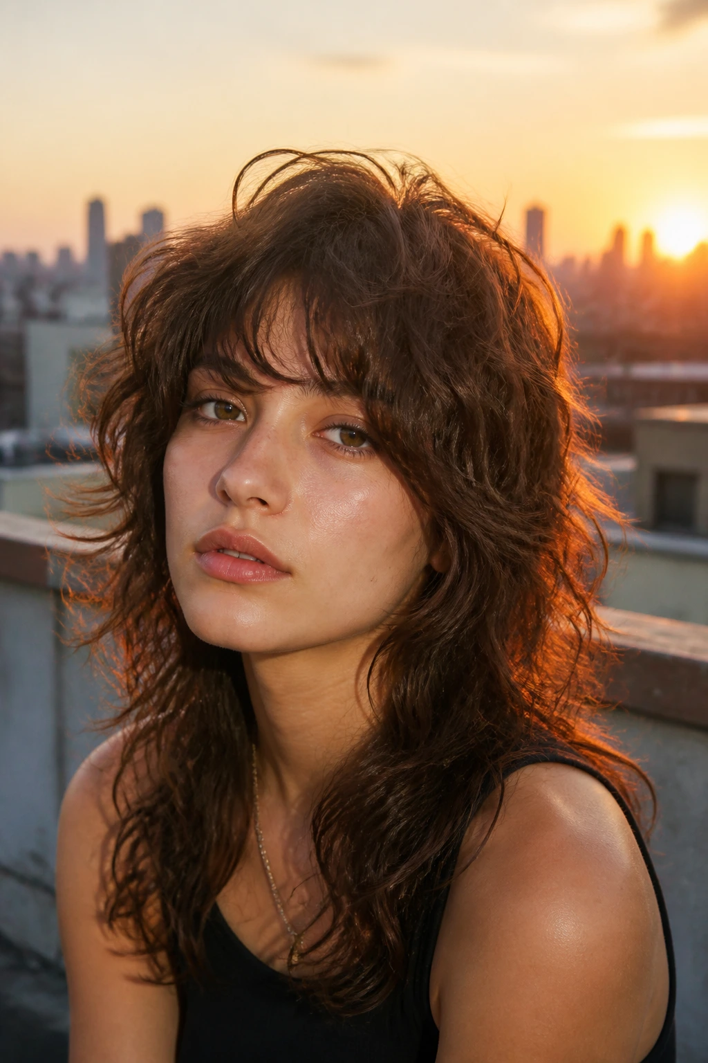 Portrait of a person with a soft wolf cut and bottleneck bangs at golden hour.